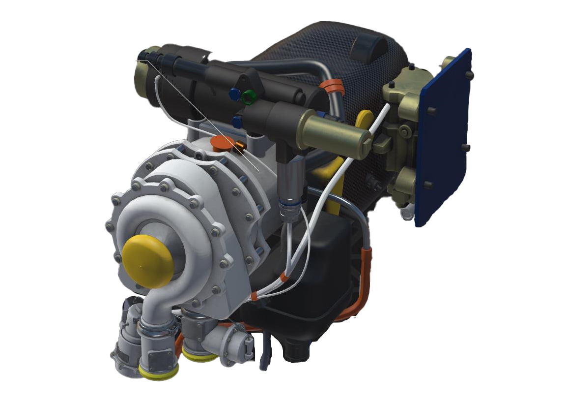 High‑detail rendering of an aerospace power and thermal management system component featuring integrated pumps, valves, and fluid control assemblies.
