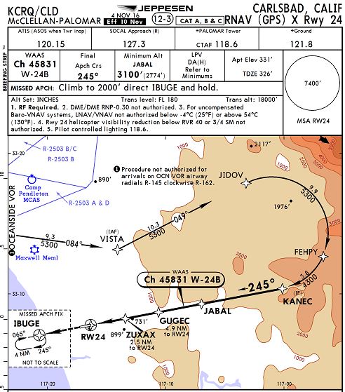 Jeppesen RNAV (GPS) X Approach Chart for Runway 24 at KCRQ Instrument approach chart for RNAV (GPS) X Rwy 24 at McClellan-Palomar Airport, Carlsbad, CA.